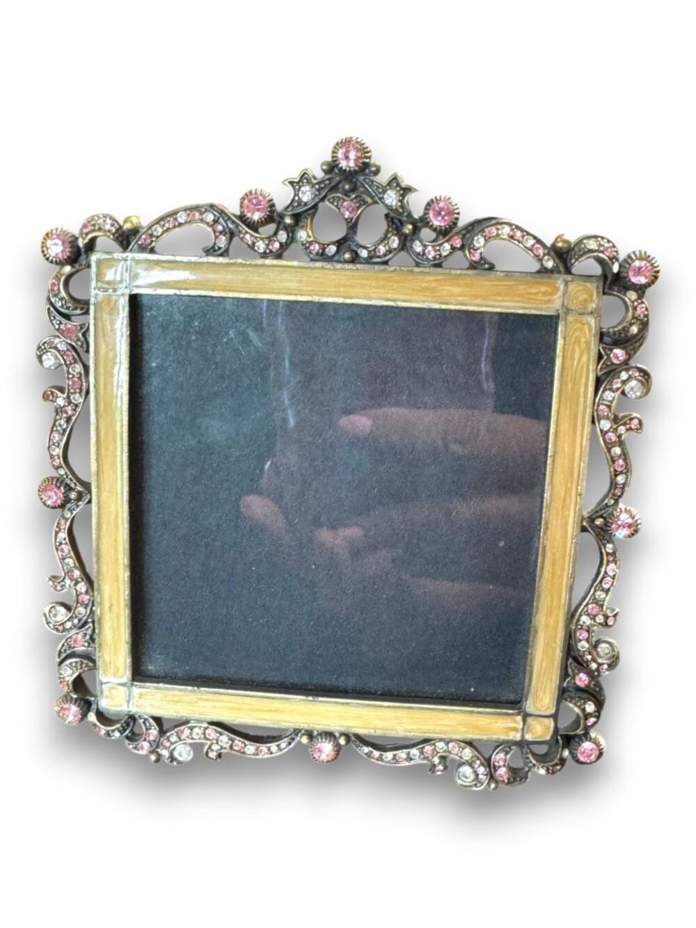 Vintage Ornate Gold and Silver Tone Square Photo Frame with Pink and Clear Cryst